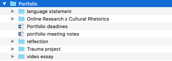 Six dropbox folders. The first folder is titled “Portfolio.” Within that folder are five folders titled “Online Research x Cultural Rhetorics,” “Trauma project,” “video essay,” “language statement,” and “reflection.”